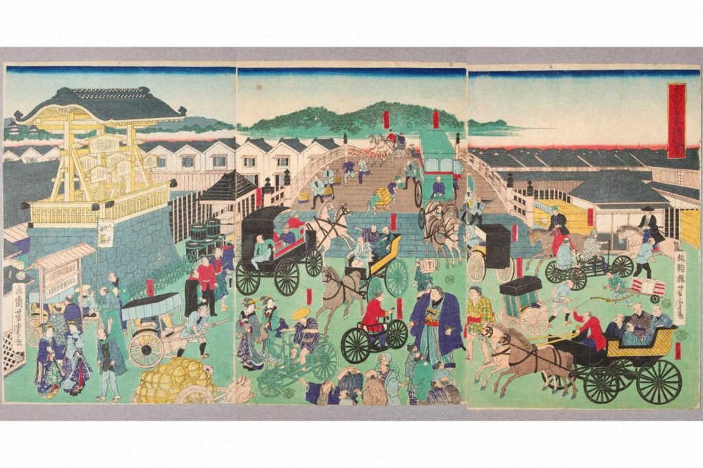 歌川芳虎「東京日本橋風景」（明治３年）の画像。